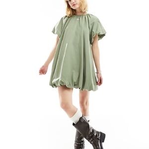 ASOS DESIGN Puffball Smock Mini Dress In Dusky Sage Size 8